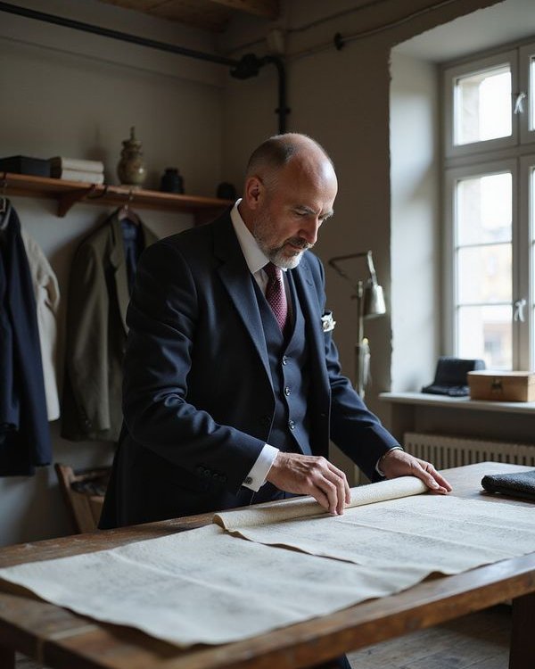 Vincent Cheah drafting a pattern at the cutting table in the Kuala Lumpur atelier